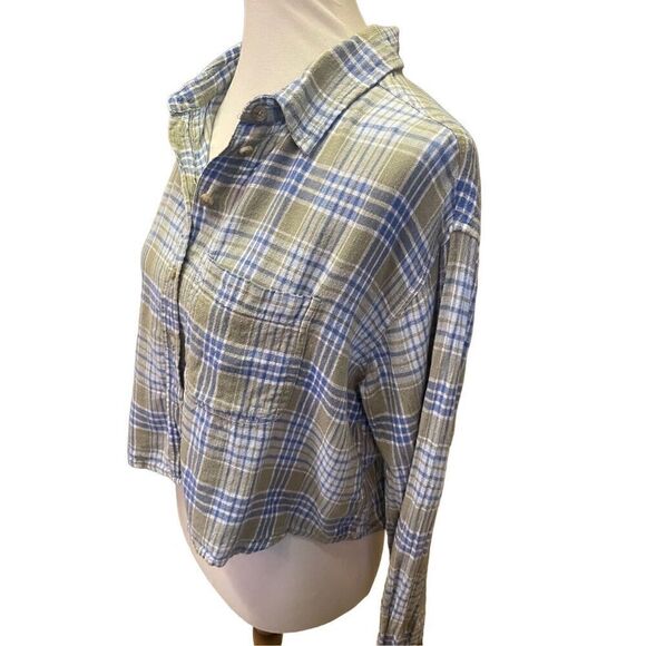 American Eagle Outfitters Blue/Green/White Plaid Long Sleeve Button Down Linen B - Picture 7 of 12